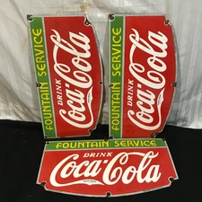 COCA COLA FOUNTAIN SERVICE  Gasoline Porcelain Sign 27 X 14 Side - 3 UNITS SSP