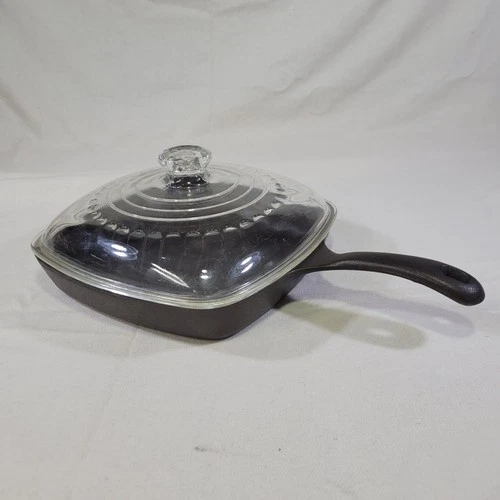 Griswold No. 55 B Square Cast Iron Skillet – Restored, Sits Flat – w/ Glass Lid