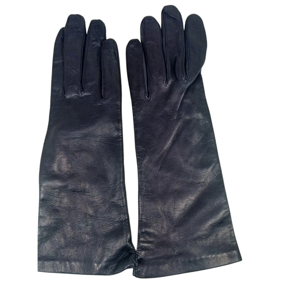 Vintage Made in Italy Dark Blue Leather Gloves with 100% Silk Lining, Size 7