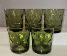 5 VINTAGE AVACADO GREEN OPTIC DOT LOWBALL GLASSES -4"