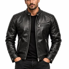 Men  s Black Sheepskin Leather Cafe Racer Biker Motorcycle Jacket