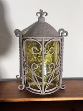 Arts And Crafts Style Gothic Yellow Glass Wrought Iron Sconce 