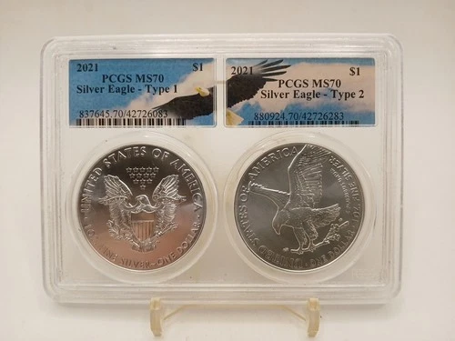 2021 $1 Type 1 and Type 2 Silver Eagle Set PCGS MS70 Bald Eagle Label