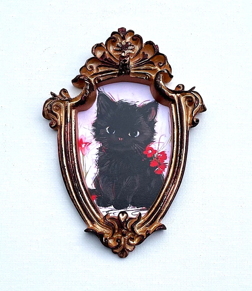 Black Baby Cat Framed Miniature Mini ART PRINT Gold Brown Ornate Frame NOT ACEO - Image 4 of 4