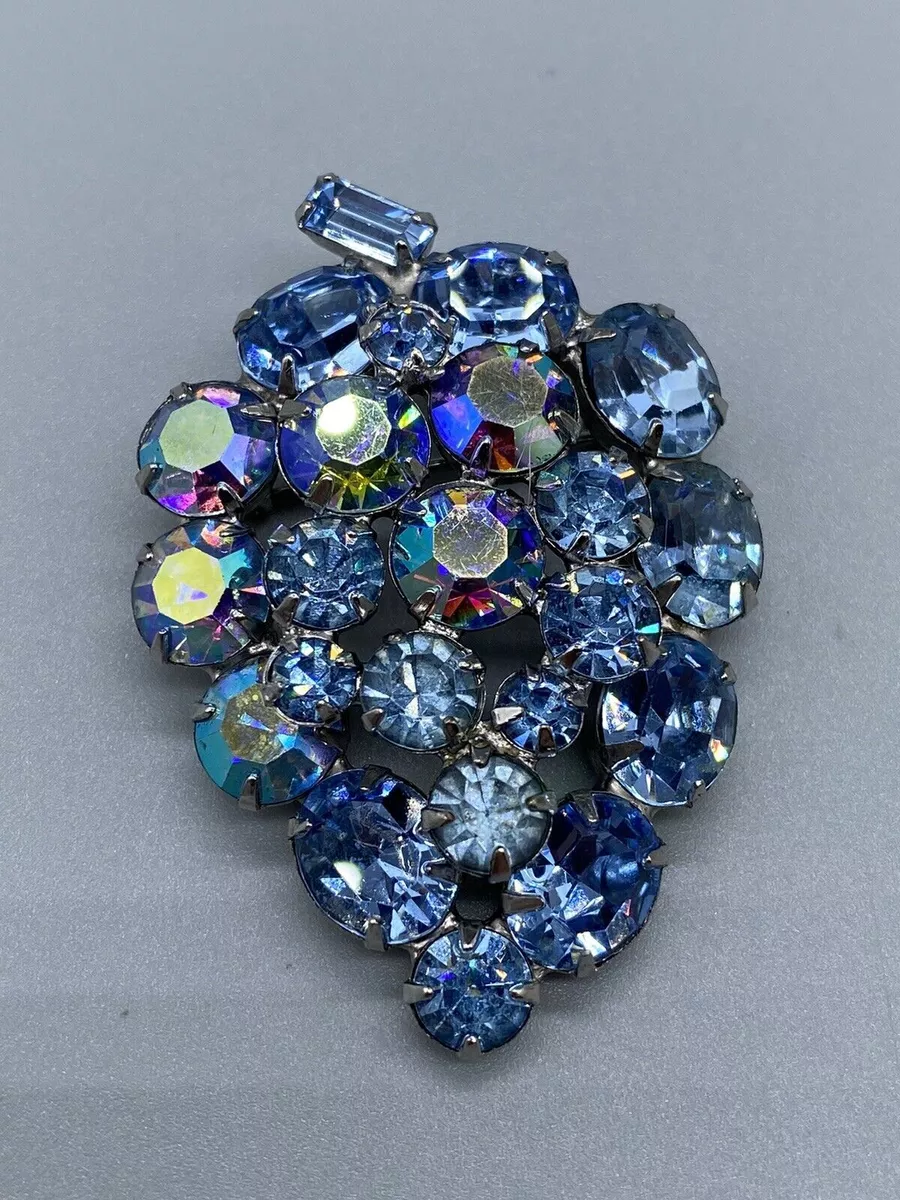 Vintage Weiss Blue Lagoon Rhinestone Shiny Gems Silver Tone Brooch Grape Leaf | eBay