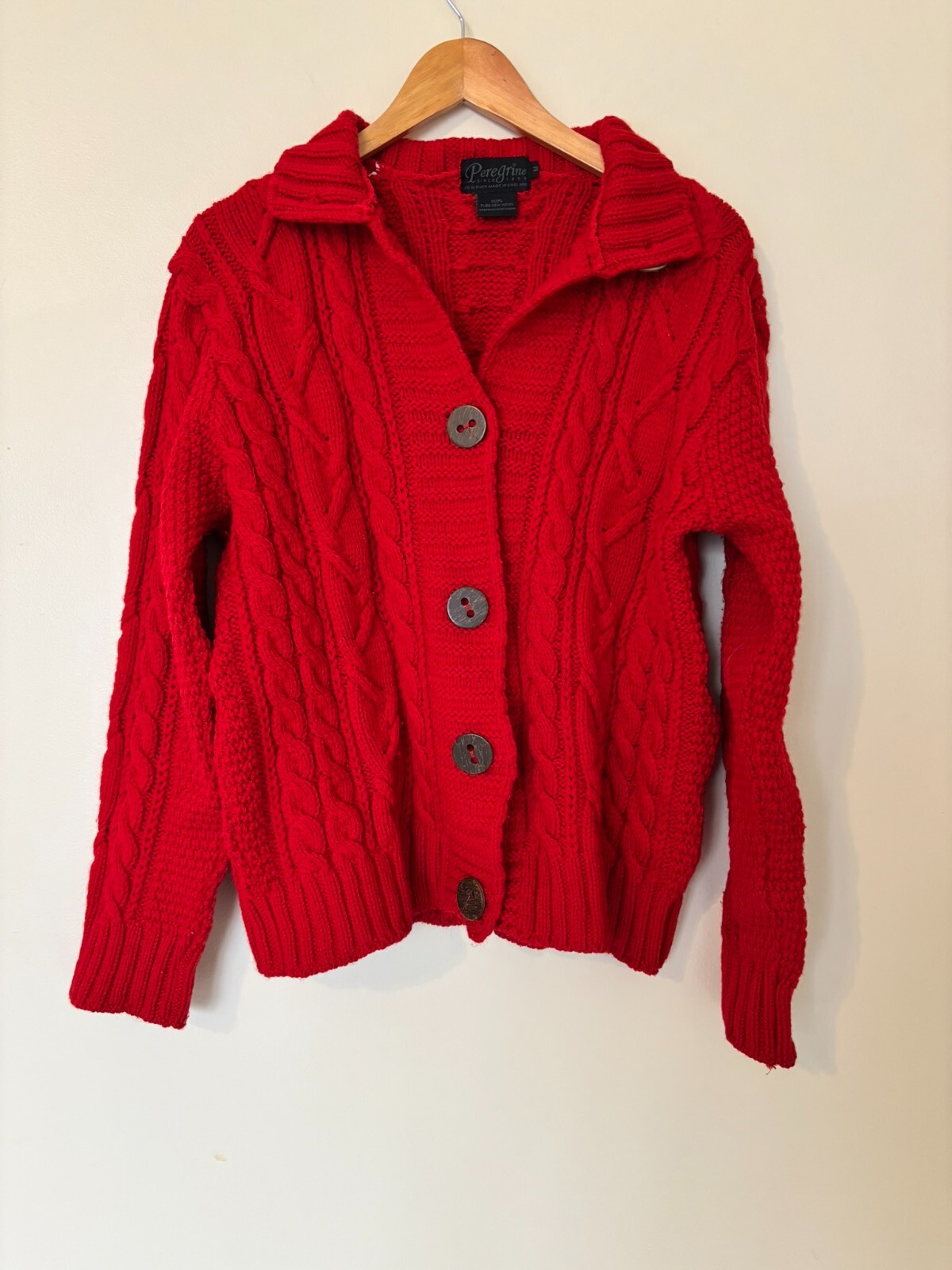 Vintage Peregrine Wool Sweater Cardigan Cable Knit Red Medium Missing 1 Button