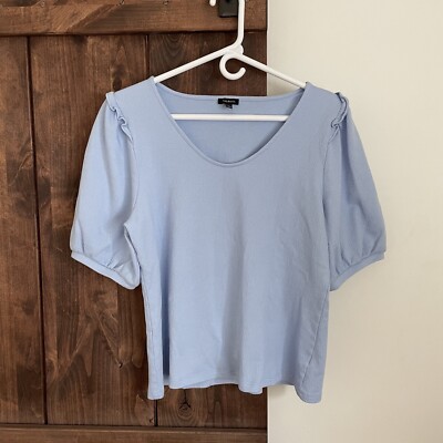 Talbots Womens Top Large Ruffle Shoulder Voop Tee Blue Blouse
