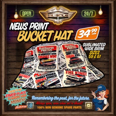 HOLDEN BATHURST NEWSPRINT BUCKET HAT FROM HOUSE OF MUSCLE ALL THE STORIES