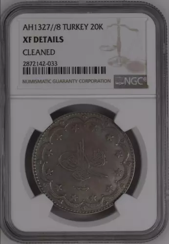 :1916(AH1327/8) 20 KURUSH TURKEY MUHAMMAD-V KM#-720 NGC XF DETAILS CROWN SIZE