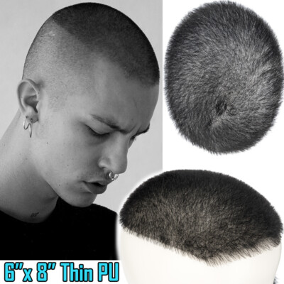 Mens Human Hair Thin Skin PU Toupee Hairpieces System Short Buzz Cut Wigs 6''x 8''