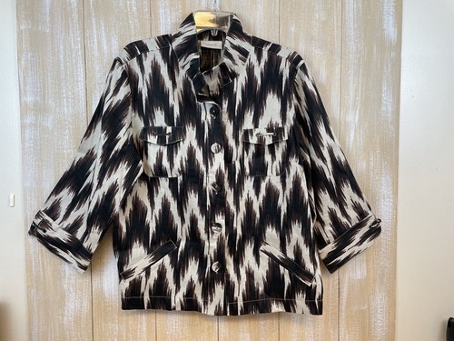 Chicos 100% Linen Luda Shacket Size 2 White Brown Ikat 3/4 Sleeve Jacket NWT - Picture 2 of 12