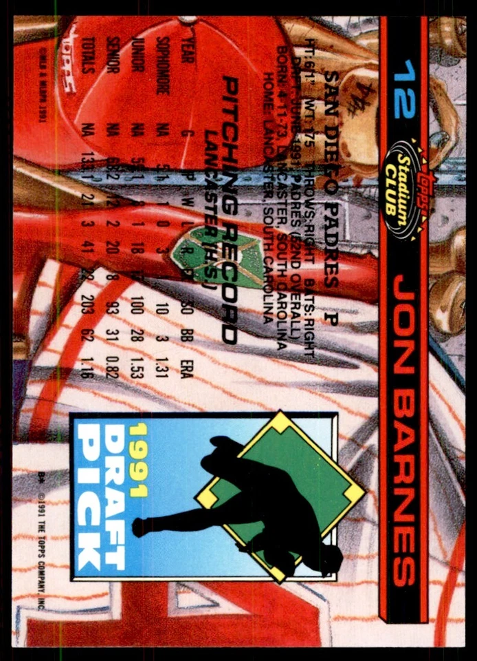 1991 Stadium Club Stadium Set Jon Barnes Baseball Cards #12 - Image 2 of 2