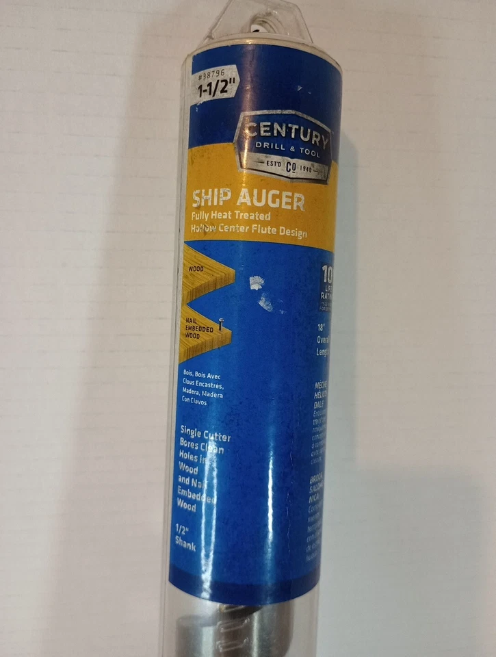  Plumbing Ship Auger 钻头 1-1/2x18 英寸指甲刀 Century 钻头和工具  — 第 2/4 张图片