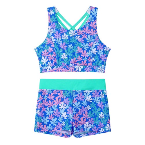Girls Print Athletic Tankini Set Sport Crop Top with Swim Short Bathing Suits - Picture 68 of 143