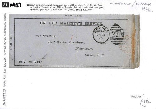 GB OFFICIALS Cover *Epping* Duplex OHMS GPO "BOY COPYIST" 1896 Application GM137