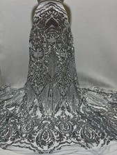 Silver Stretch Sequin Fabric/Sequin in Silver on White Mesh/Sequin Lace-Per Yard