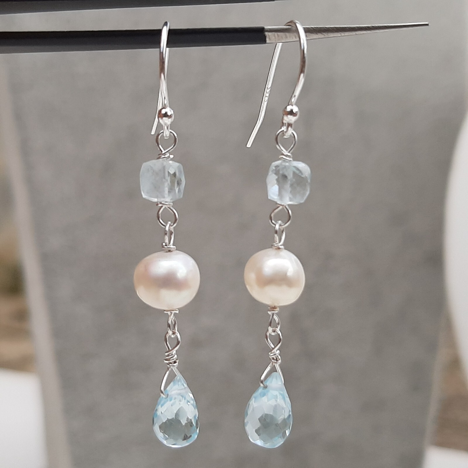 Dormeuses aigue-marine de haute joaillerie en argent massif et perles