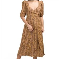 WAYF animal print puff sleeve midi dress faux wrap v-neck cocktail FINAL SALE