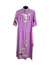 Purple Floral Embroidered Long Traditional Dress Mandarin Neckline Half Sleeve