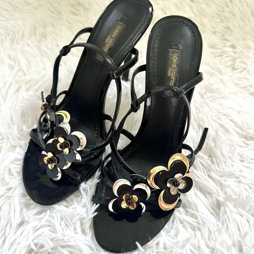 LOUIS VUITTON Mules Sandals Heel Monogram Flower Black EU36.5/US6