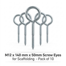 M12 x 140 mm x 50mm Screw Eyes for Scaffolding with Nylon Plugs Hook Fixing x 10