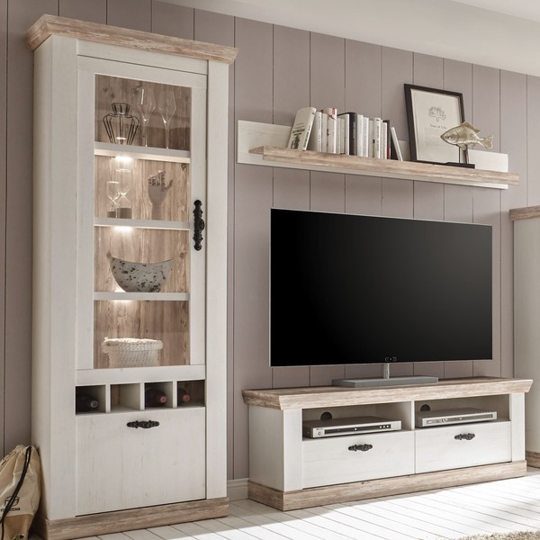 Wohnwand Mediawand Weiß Landhausstil Tv Schrank Lowboard Standvitrine Wohnzimmer-image