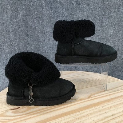 UGG Boots Womens 8 Classic Mini Cinched Fur Cuff Shearling Winter Boot Black