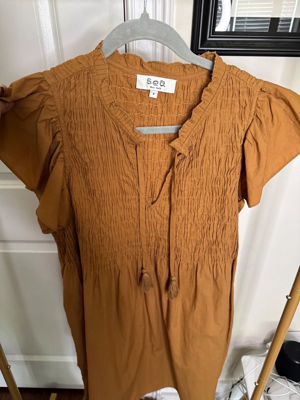 SEA New York Women Rene Smocked Mini Tunic Dress Size 4 Mustard Boho Chic Cotton