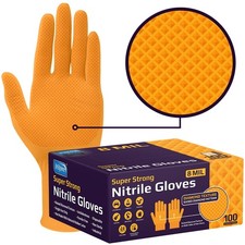 Heavy Duty Orange Nitrile Gloves  ULTRA 8 Mil Diamond Textured Grip  Indust...