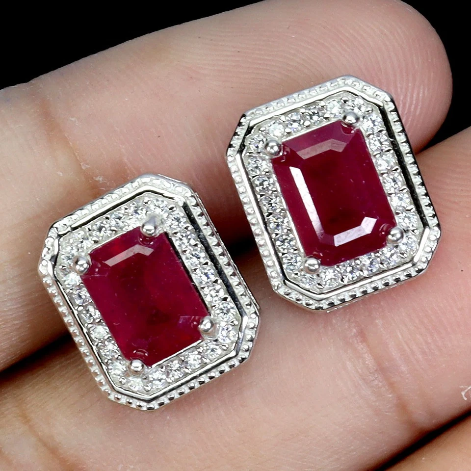925 Sterling Silver Earrings Octagon Ruby 7x5mm Natural Gemstone Jewelry - Image 2 of 4