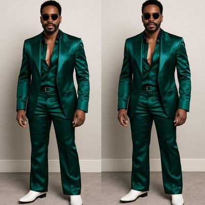 Green Satin Men Suit Peak Lapel Formal Business Wedding Tuxedo Party Prom 2pcs