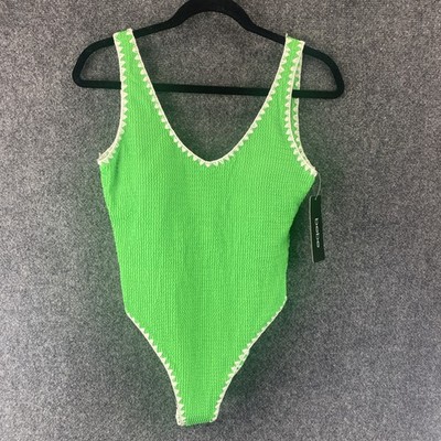 BeBe One Piece High-Cut Textured Bright Neon Lime Green SwimSuit Size L New