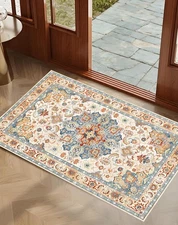 2x3 Small Rug for Entryway, Vintage Orange and Blue Rug Boho Non Slip Washabl...