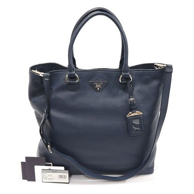 Prada Navy Vitello Daino Silver Hardware Triangle Tote 2WAY 1BG006 153252258