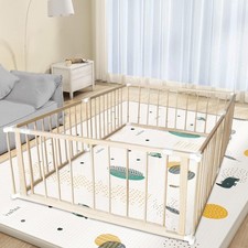 Large Natural Wooden Baby Playpen with Gate  Anti-Slip Bases - Portable Fenc...