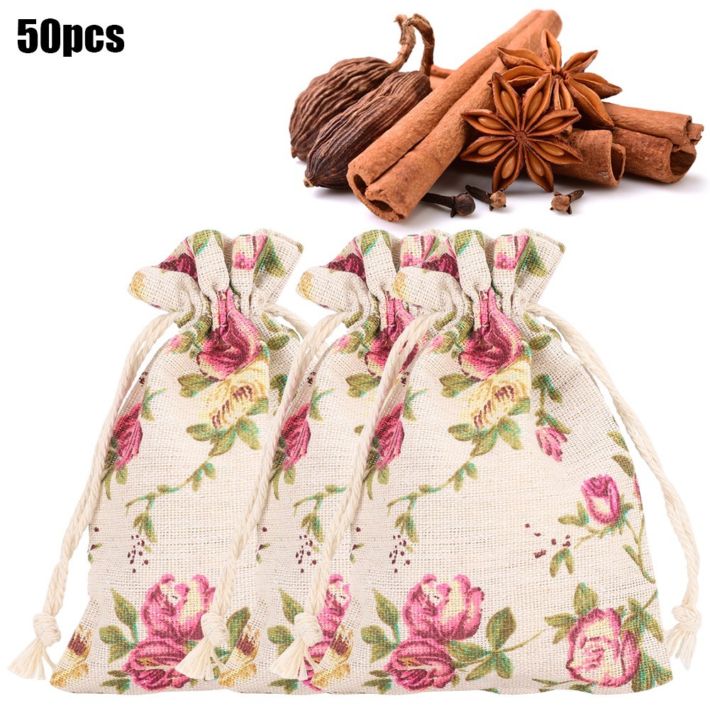 50x Burlap Bag Drawstring Flower&8209;Pattern Jewelry Packing Xmas Day New