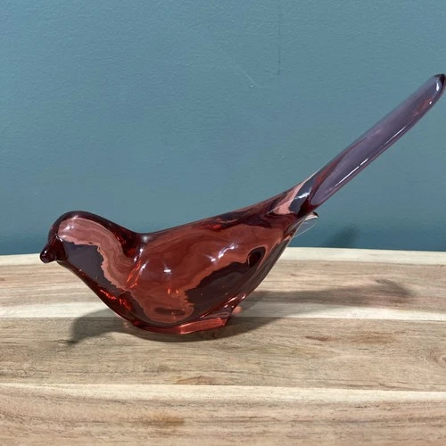 Vintage Fenton Dark Pink Cranberry Bird of Happiness Art Glass Long Tail Figure