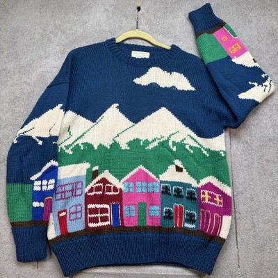 Vintage 80s 90s Hand Knit Wool Sweater Alpine Mountain Nordic Ski M