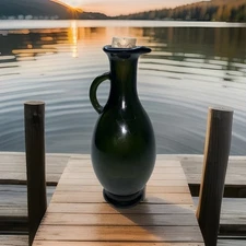 Vintage Olive Green 7” Cruet Jug for Olive Oil~Balkans~1970s~Cork