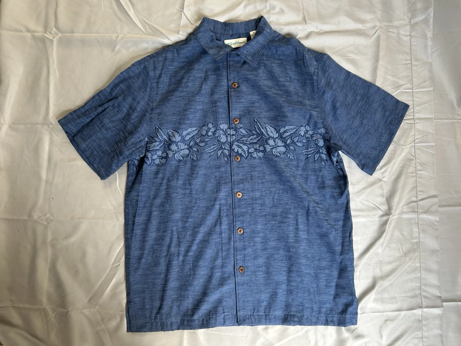 Caribbean Men's Tropical Medium Blue Modal Polyester Hawaiian Button Up