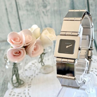 GUCCI 600L Square Silver Black Quartz Working 16.5cm Luxury Dress Watch Rare