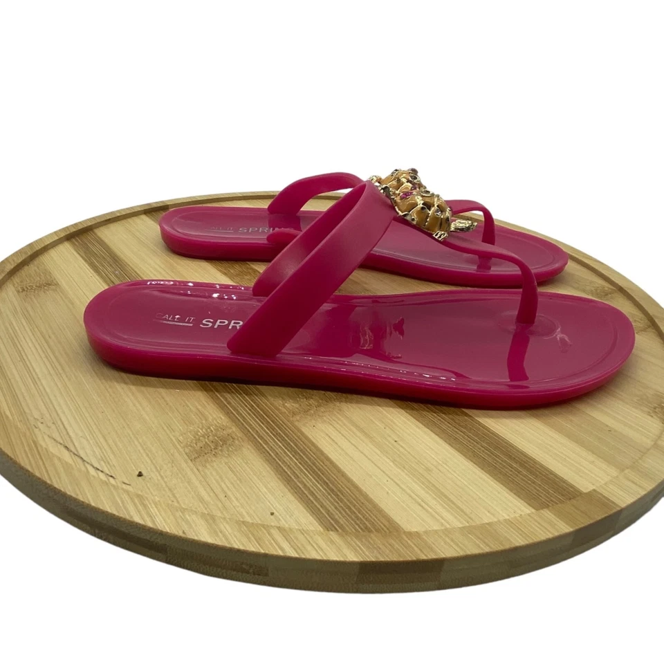 Call It Spring Sandals Flip Flops Women Sz 7 Hot Pink Rhinestone Turtles Accent - Image 3 of 4