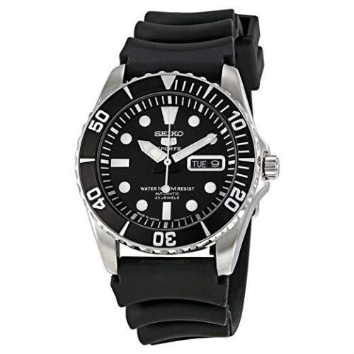 Seiko 5 Sports SNZF17 J2 Silver Black Dial Rubber Strap Men's Automatic Watch - Picture 1 of 3