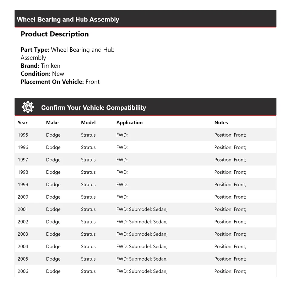 Conjunto de cojinete de rueda y buje delantero Timken 1996 para Dodge Stratus 1995-2006 tracción delantera Foto 2 de 4