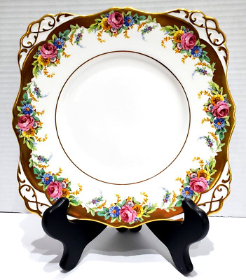 Tuscan Fine English Bone China GARLAND Square Plate Floral Gold 9'' RARE