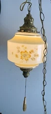 Vintage Milk Glass Hanging Chain Swag Lamp Antique White and Gold