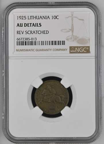 Lithuania 10 Centu 1925 NGC AU DETAILS REV SCRATCHED