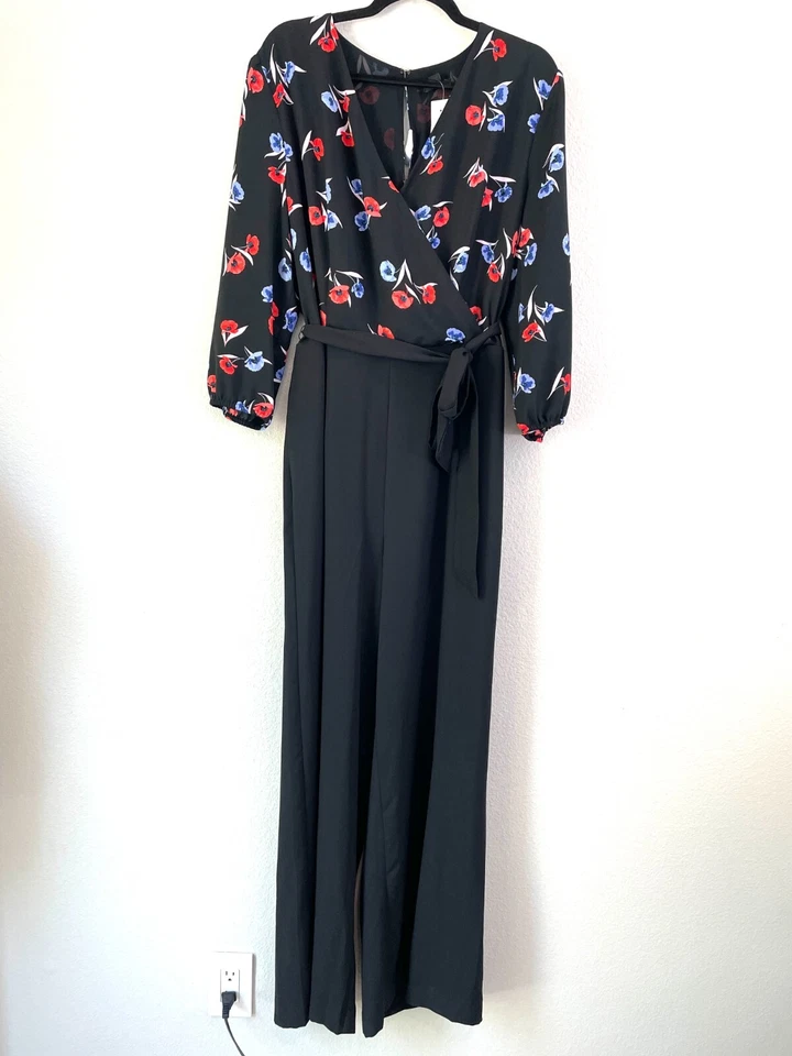 NUEVO $179 Mono Ann Taylor Mujer Plus 16 Floral Amapola Manga 3/4 Cuello en V Foto 2 de 4