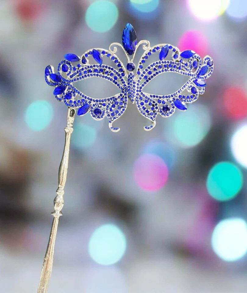 Masquerade Mask with Stick, Wedding Party Silver Mask, Prom Blue Crystal Mask - Image 4 of 4