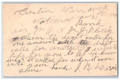 Creston Iowa IA Van Wert IA Postal Card Creston National Bank c1905 Posted